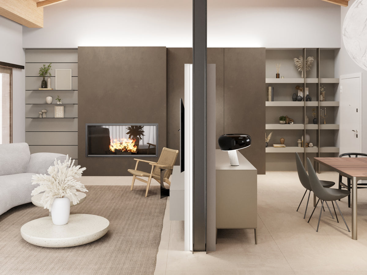 Render di living e pranzo con librerie su misura, camino integrato e quinta centrale che organizza lo spazio, progetto di interior design contemporaneo