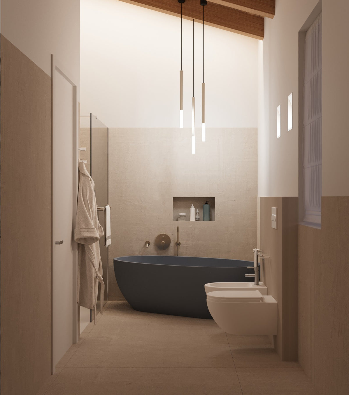 Render serale del bagno contemporaneo nella suite padronale con vasca freestanding, ampia doccia walk-in, sanitari sospesi e finiture neutre