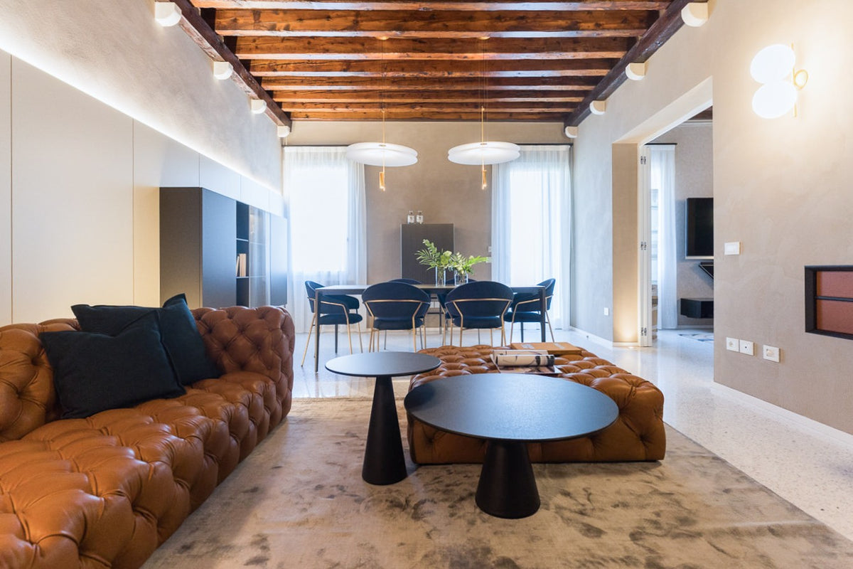 Open space con sala da pranzo e living, interior design classico contemporaneo