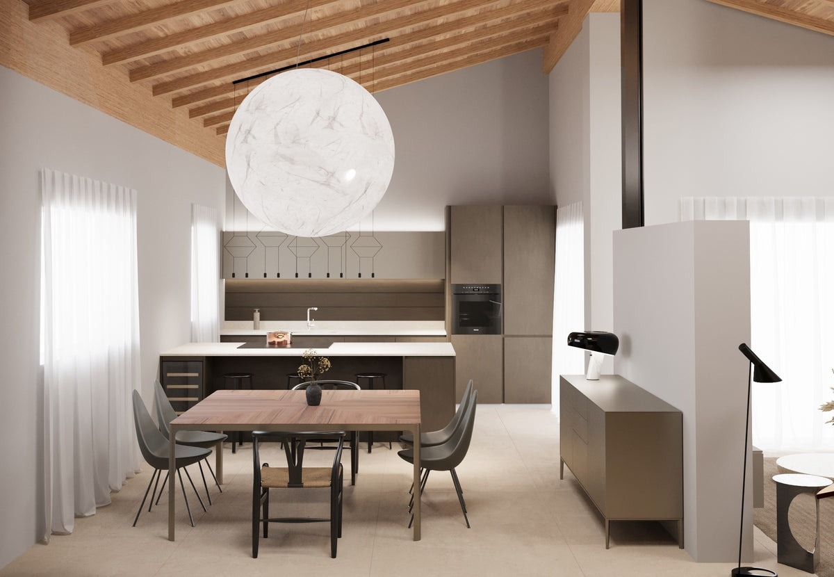 Render di ampia zona giorno open space con cucina a isola, tavolo materico, soffitto alto con travi a vista e spazi fluidi, interior design su misura per nuova costruzione a Chiampo
