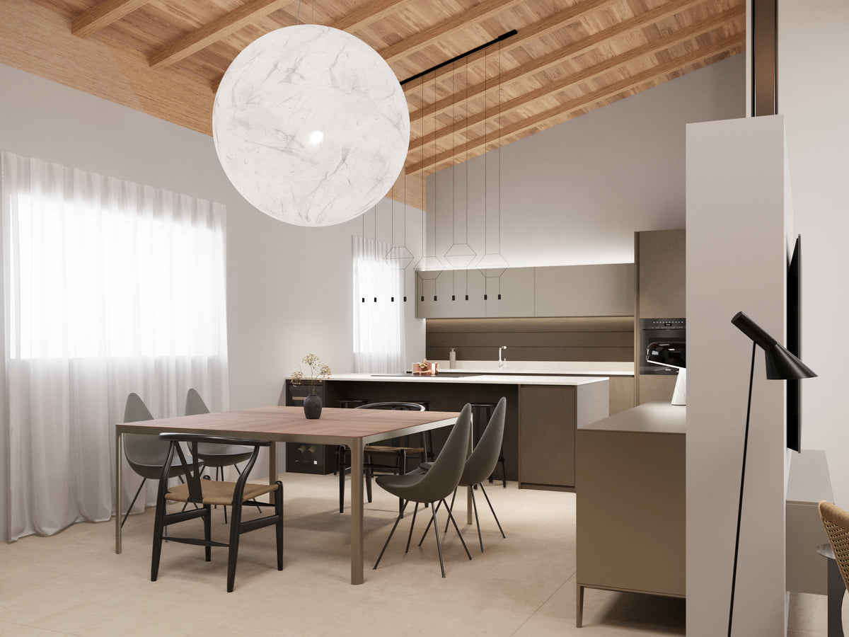 Render di cucina con isola e zona pranzo in open space contemporaneo con soffitto a travi in legno a vista e grande sospensione sferica Moon