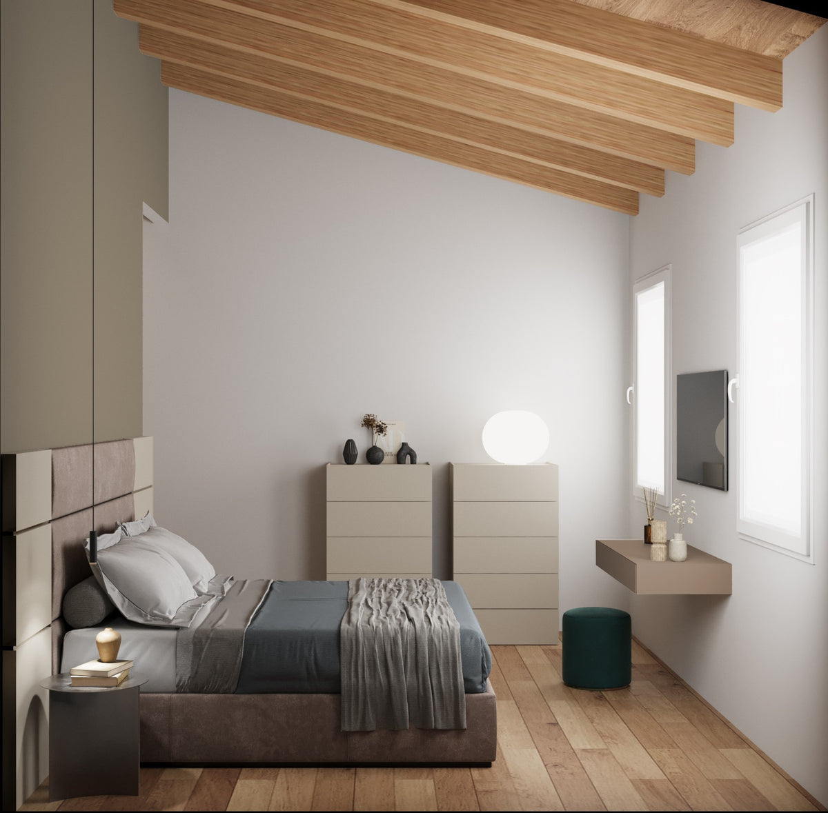 Render laterale della camera padronale con letto tessile, scrittoio sospeso, cassettiere e tetto spiovente in legno con travi a vista, progetto di interior design contemporaneo a Chiampo