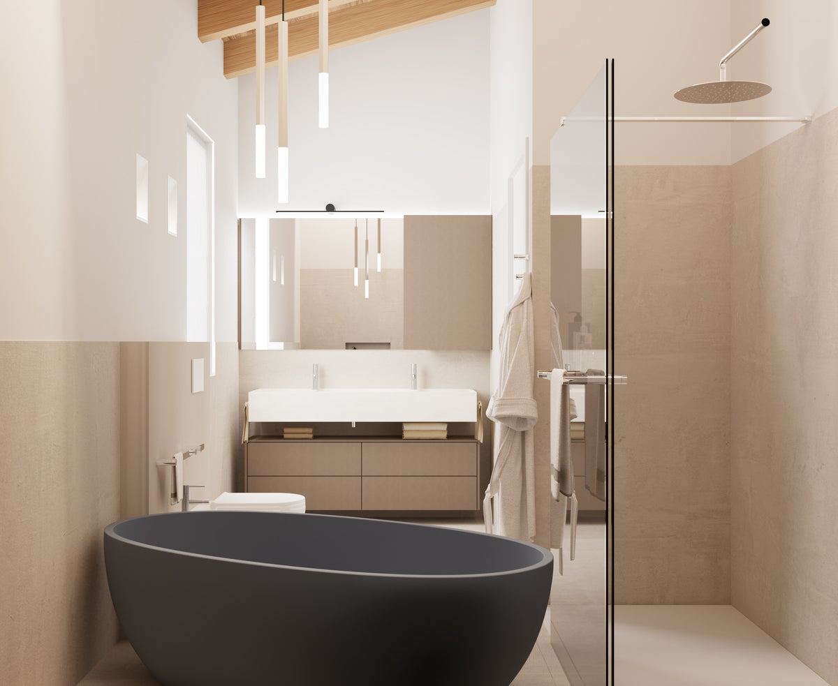 Render del bagno en-suite con vasca freestanding, doccia walk-in e mobile lavabo doppio, bagno contemporaneo su misura in nuova costruzione a Chiampo