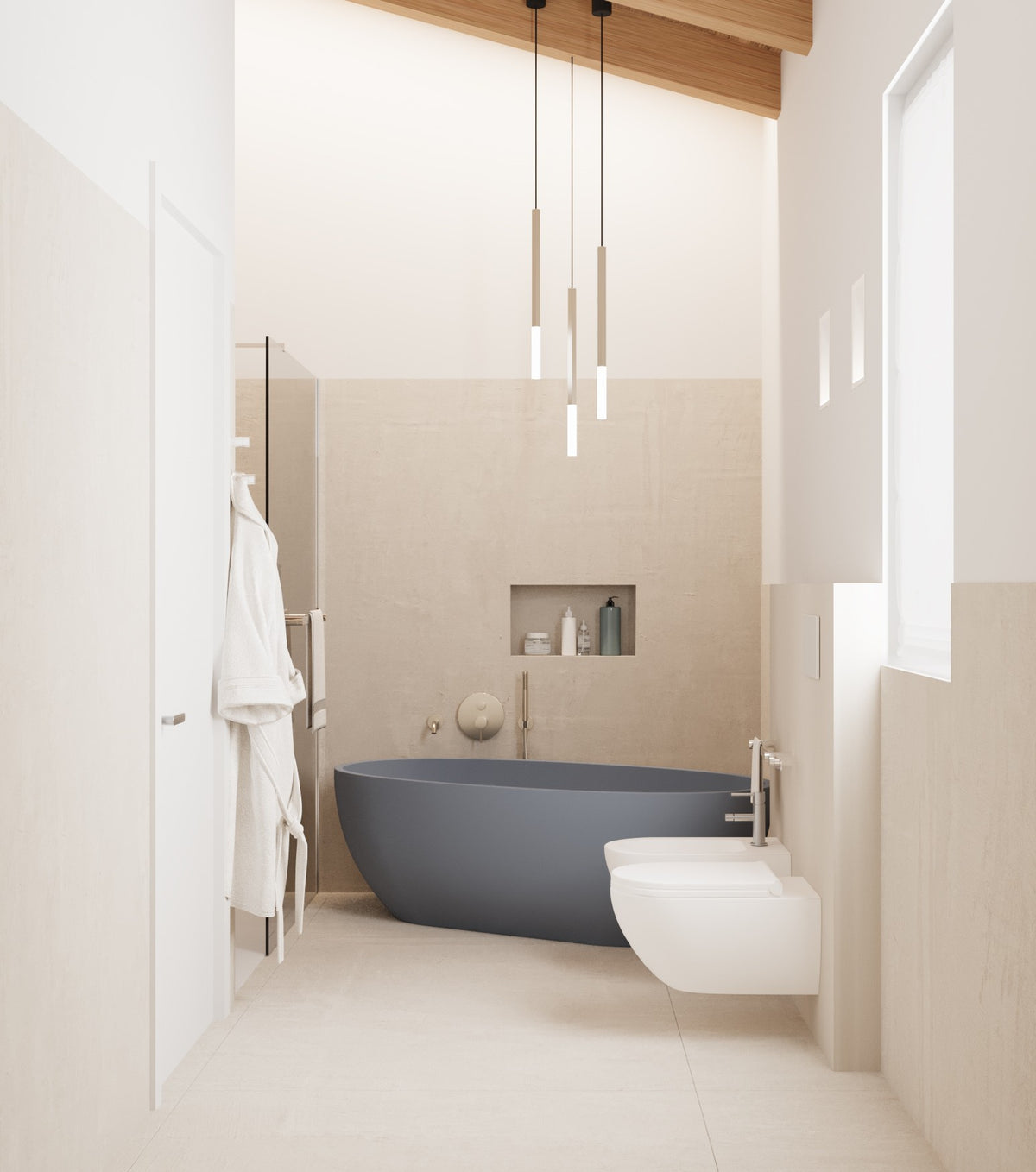 Render del bagno en-suite visto dall’ingresso con vasca freestanding blu, nicchia a parete e sospensioni verticali in una composizione essenziale e luminosa