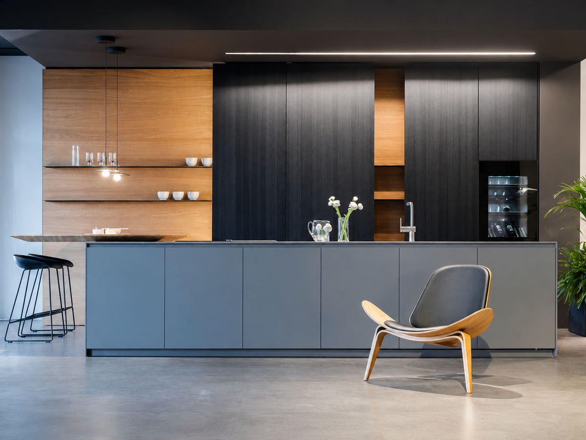 Cucina contemporanea nello showroom Cariolato con ante grigie, colonne scure, boiserie in legno e poltrona lounge
