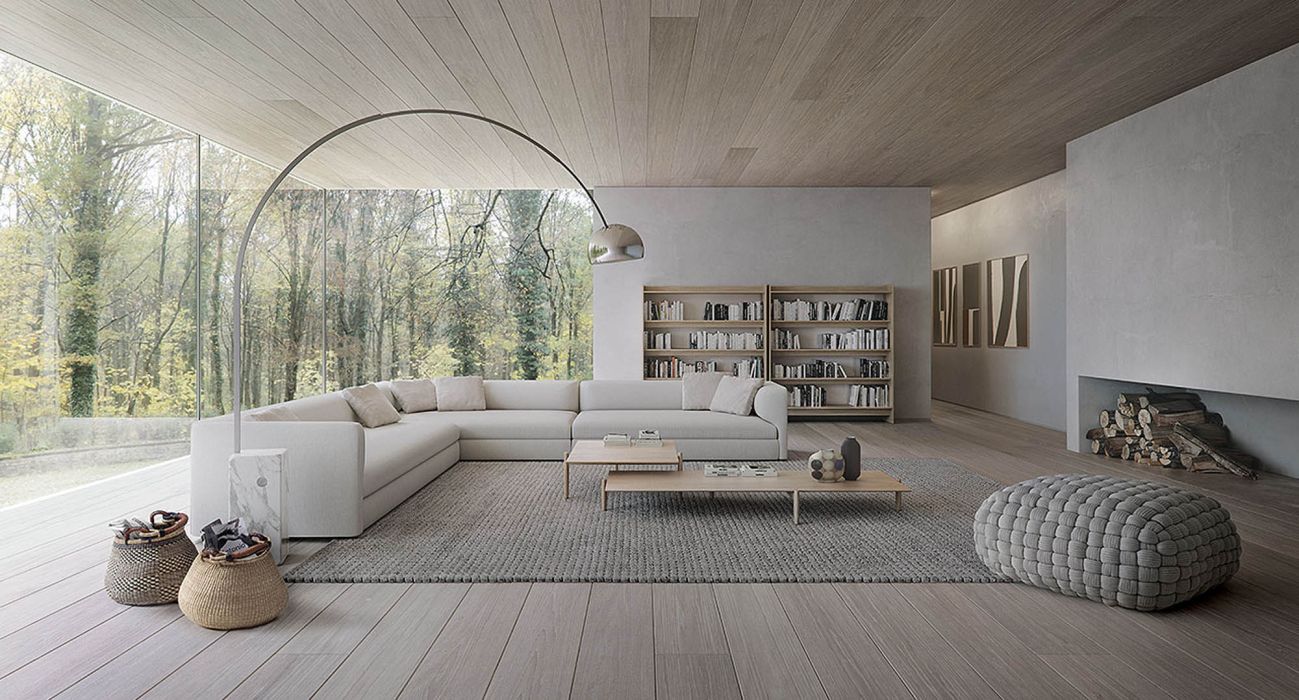 ampio soggiorno minimal grigio effetto legno